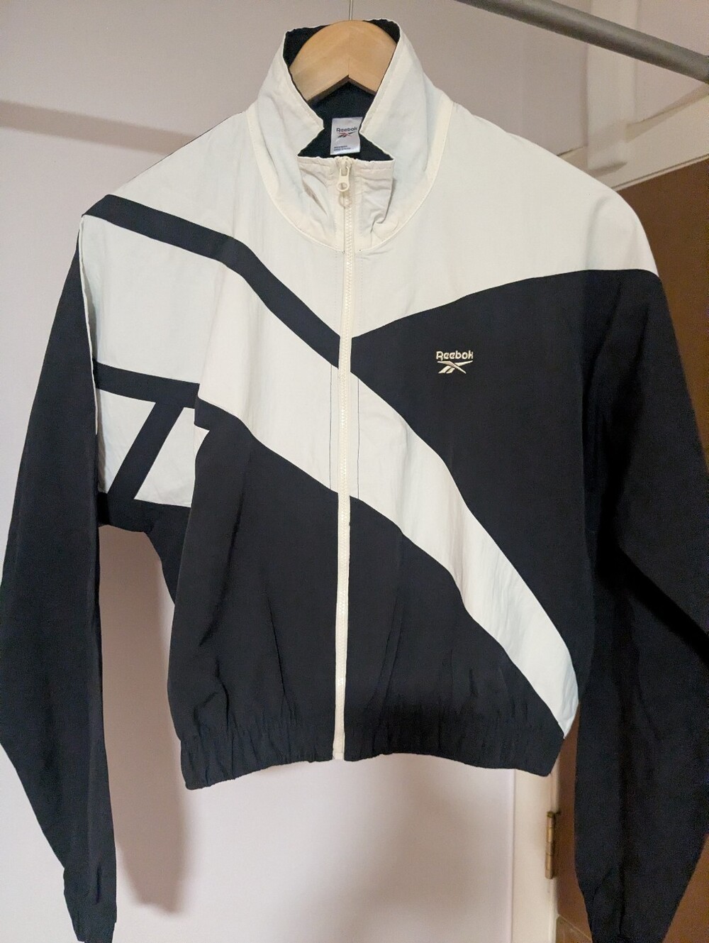 Reebok Black White Vector Colorblock Cropped Bomber  Windbreaker Track Jacket